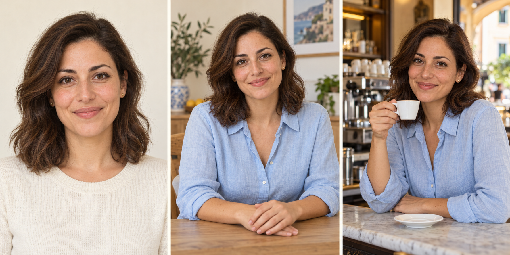 Francesca, virtual Italian guide, in three everyday settings
